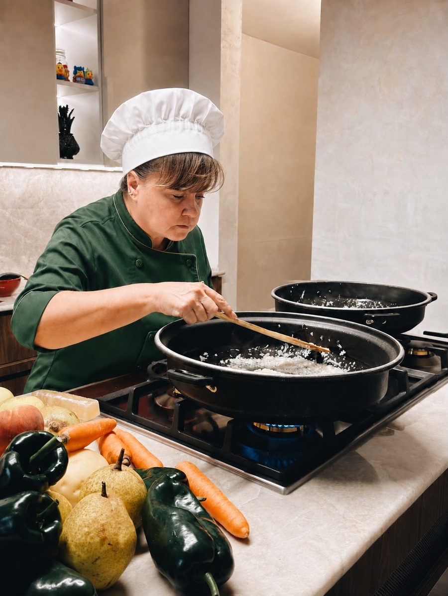 Mamá Patty de filipina verde y gorro, guisando en dos cazuelas con poblanos, peras y zanahorias al frente.